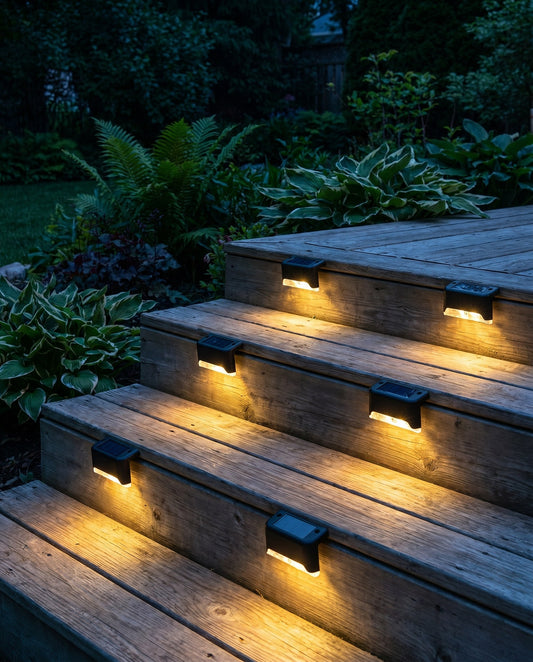 Scala Solar Step Lights (4-Pack) — warm golden glow at dusk, lifestyle photo B
