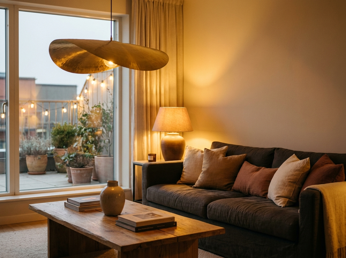 Warm, golden lighting in a cozy living space