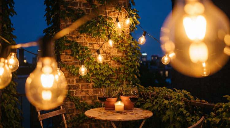 Warm festoon string lights over a balcony bistro table at night
