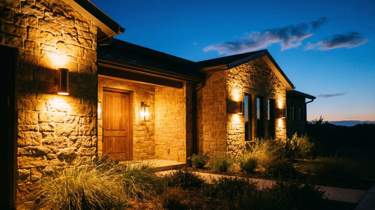 Warm outdoor wall lights glowing on a stone facade at dusk