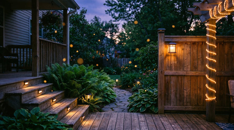 Solar step lights and rope lights glowing warm in an evening garden