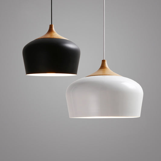 Hinoki Wood Pendant Light — dome pendant light with natural wood top hanging over a dining nook