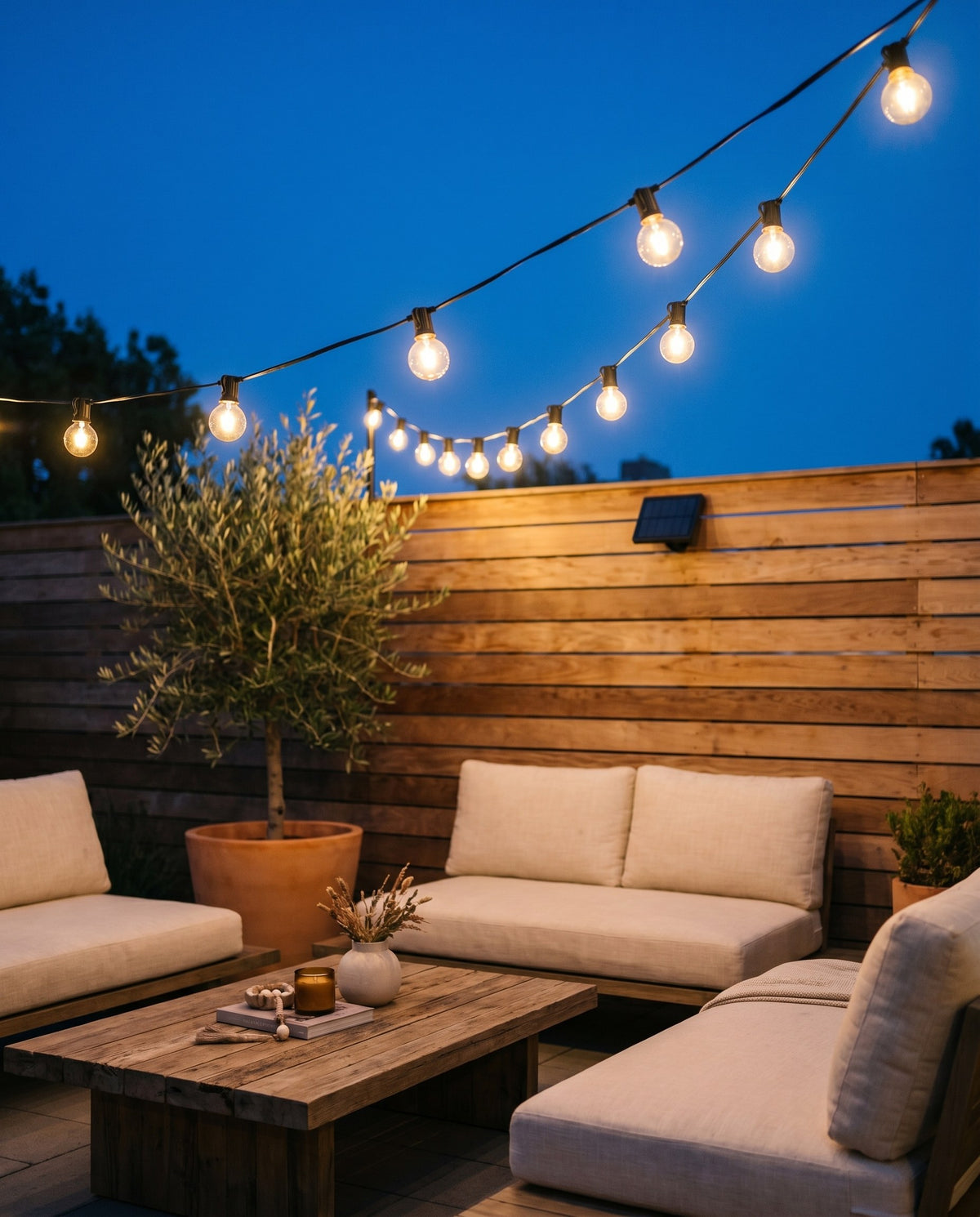 Festa Solar Festoon String Lights — warm golden glow at dusk, lifestyle photo A