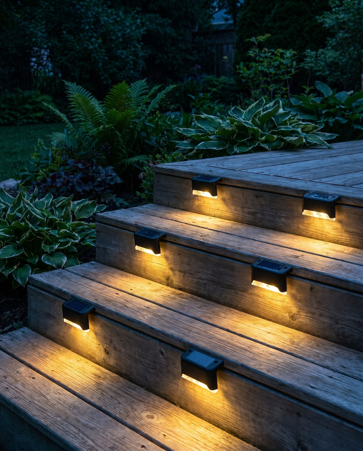 Scala Solar Step Lights (4-Pack) — warm golden glow at dusk, lifestyle photo B