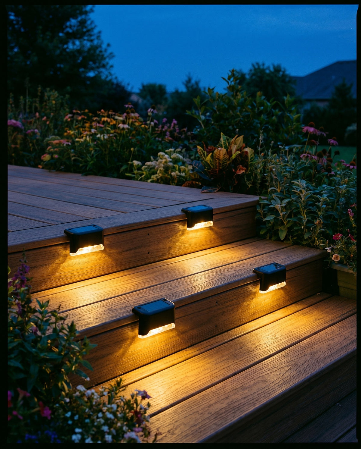 Scala Solar Step Lights (4-Pack) — warm golden glow at dusk, lifestyle photo A