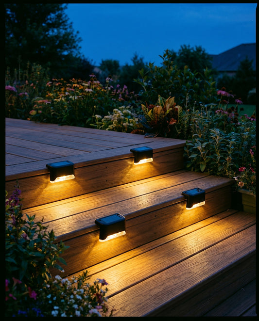 Scala Solar Step Lights (4-Pack) — warm golden glow at dusk, lifestyle photo A