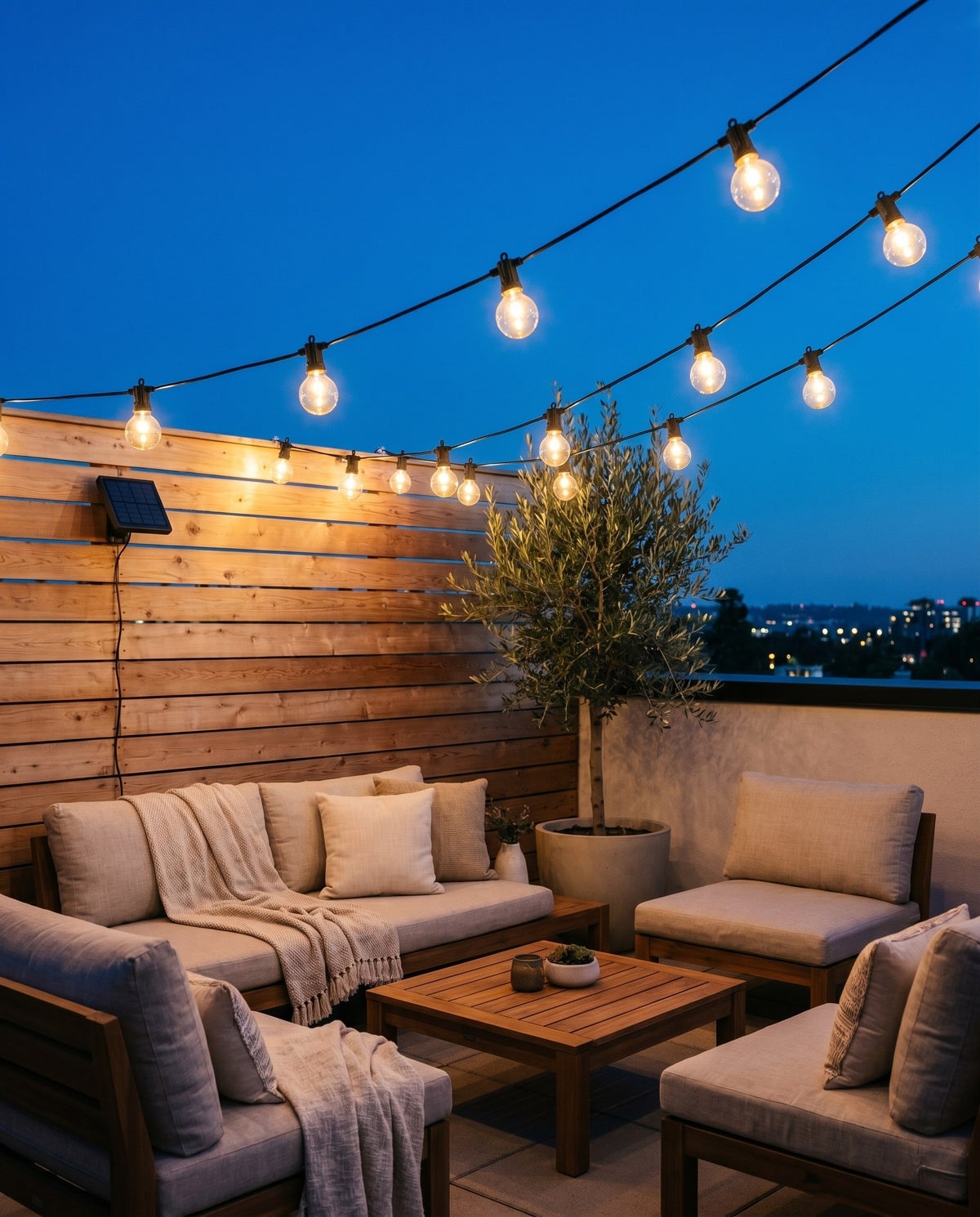 Festa Solar Festoon String Lights — warm golden glow at dusk, lifestyle photo B